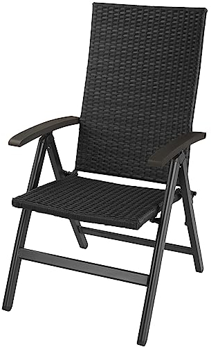 tectake® Alu Polyrattan Gartenstuhl, klappbarer Sessel mit 6-Fach Verstellbarer Rückenlehne, wetterfest, Aluminiumgestell, Campingstuhl mit Holzarmlehnen, Stuhl für Garten, Balkon, Terrasse - schwarz