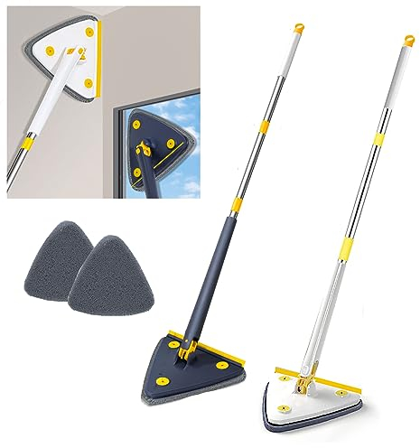 Hooha 2 in 1 Auswringfunktion Fensterputzer Dreieck Wischmopp mit Teleskopstiel Stange 127cm, Abzieher und 2 Mikrofaserbezug für Fenster/Glas/Boden/Badezimmer (Weiß)