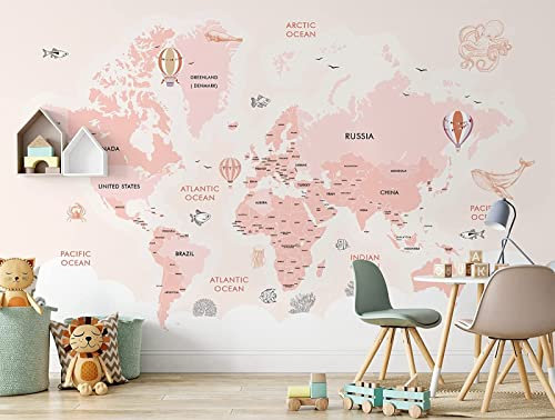 Tapete 3D Wandbild Rosa Weltkarte Girl Fototapete 3D Effekt Vliestapete Wohnzimmer Schlafzimmer Wanddeko