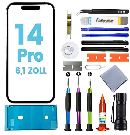Tpyag für iPhone 14 Pro Display,Frontglas Display für iPhone 14 Pro 6,1 Zoll,Bildschirm Reparaturset mit wasserfestem Kleber (KEIN LCD & Touch-Digitizer)