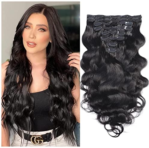 Unipearl Gewellte Clip in Extensions Echthaar,40cm 16 Zoll 8PCS 100g Natürliches Schwarz Haarverlängerung für Frauen Body Wave Remy Hair Extensions Clip in