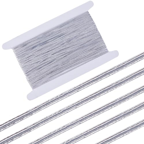 GORGECRAFT 48 Yards 3mm Flat Light Grey Elastic Band Glitter Metallic Elastic Cords Strip Braided Elasticity Knit String Ribbon Strap for Sewing Crafts Skirt Waistband Dress Making Clothing