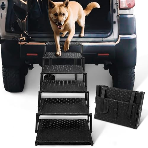 Hundetreppe für Auto – Faltbare Hunderampen für große Hunde mit Rutschfester Oberfläche, tragbare Hundetreppe für Autos und SUV, LKW, unterstützt bis zu 90 kg, 6 Stufen