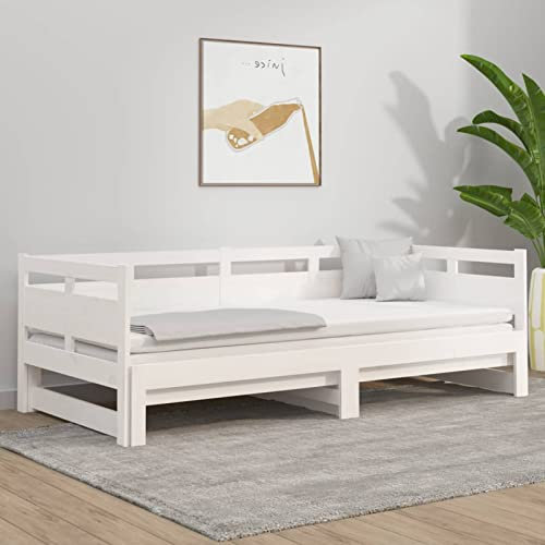 DJEKA Tagesbett Ausziehbar 2X(90x200) cm Jugendbett 90x200 cm Bett Mit Ausziehbett Weiß-33 Tagesbett 90x200 Ausziehbar Tagesbett aus Holz Tagesbettgestell Sofabett SchlafsofaMassivholz Kiefer