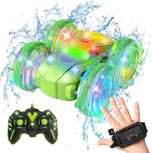 CGSGDK Strand Amphibienfahrzeug Ferngesteuertes Auto, 2,4GHz 4WD 360° Drehbares RC Auto mit LED Lichtern, Ferngesteuertes Boot mit Handsteuerung, Geschenk Spielzeug für Kinder 6,7,8+ Jahre Jahre