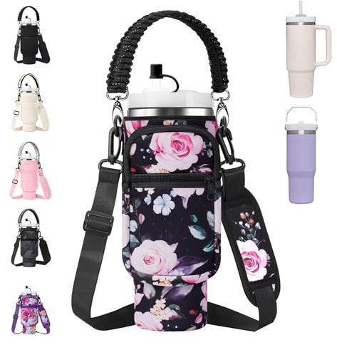 AceTreker Carrier Bag for Stanley 40 oz Tumbler, Multi-functional Water Bottle Bag with Paracord Handle & Straw Cap, 2 Pockets-Black Flower