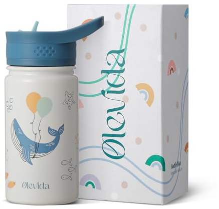 Olevida | Botella de agua para niños de acero inoxidable con tapón y pajita | Mantiene el calor y el frío, Sin BPA | 400 ml