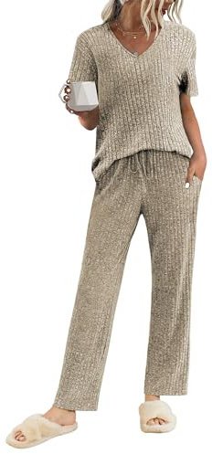 Ekouaer Schlafanzug Damen Rippen Pyjama Set Oberteil und Lang Hose Sleepwear Khaki XXL