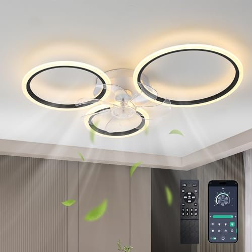 Depuley Modern Circle Ceiling Fan Light, Acrylic Dimmable Ceiling Fans with Lights, DC Motor Reversible APP Remote Control Fan Light for Living Room,Silent Motor,Timing, Black