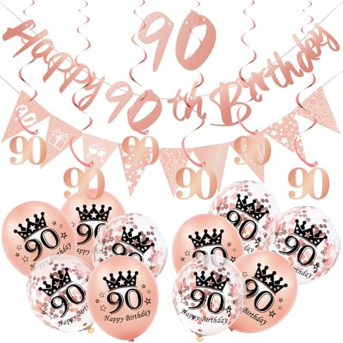 18Pcs Rose Gold Happy 90th Birthday Decorations Set - Women's 90th Birthday Balloons, Number Banner, Triangle Flag for Party Decorations