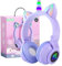 OHAANYY Auriculares Bluetooth para Niños con Luces LED Unicornio - Plegables, Control de Volumen, Micrófono Incluido Navidad/Cumpleaños Niñas (Incluye Cable Auxiliar) (Morado)