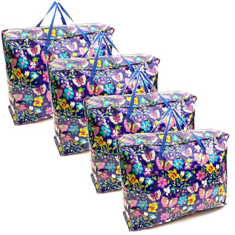 4 PACK Butterfly 75x60x25cm Heavy Duty Durable Reusable Foldable Waterproof Laundry Clothing Wardrobe Storage Moving House Shopping Toy Storage Bags Extra Large Jumbo Zipped Floral Bag