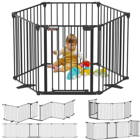 KioGro Kaminschutzgitter mit Tür 504cm, 8 Elemente, Kamingitter ohne Bohren, Schutzgitter mit Doppeltes Verriegelungssystem für Kamin, für Kamine, Treppen & Tür Laufstall, Schwarz