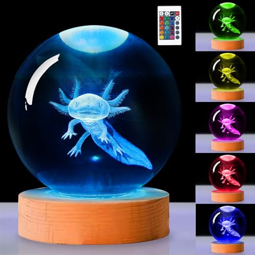 OkiyiD 3D Axolotl Kristallkugel Nachtlicht Mit Fernbedienung, Glaskugellampen für Freund Geburtstag Urlaub, Cool Spielzeug Deko Geschenke für Jungen Mädchen Kinder