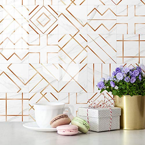 Tile Stickers 15x15 cm Rose Gold Geometry Stick on Tiles Peel and Stick Self Adhesive Wall Vinyl Home Decors DIY for Bathroom Kitchen Waterproof Oilproof Backsplash (10 Pcs)