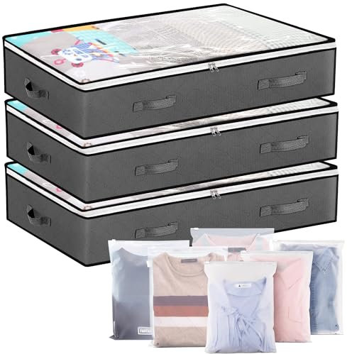 YORFULL Unterbett-Aufbewahrungsbox, 3 Stück Faltbare Unterbettkommode mit 6 Aufbewahrungstasche, Bett Organizer mit Griffen und Reißverschluss, Kleiderboxen Aufbewahrung von Kleidung, Bettdecke