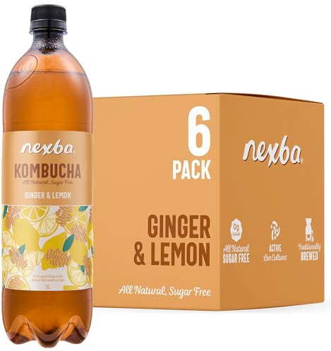 Nexba Ginger & Lemon Kombucha 1 L (Pack of 6) | All Natural, Sugar Free, Healthy Probiotic Refreshment