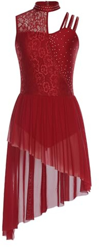 TiaoBug Damen Spitzen Ballettkleid Rollkragen Tanzkleid Asymmetrischer Chiffon Rock mit Slip Ballett Trikot Gymnastikanzug Lyrische Tanzbekleidung