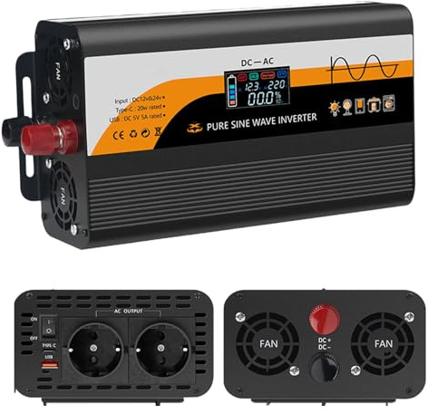 Inversor de voltaje CC 12 V/24 V a CA 230 V inversor sinusoidal puro 1300 W/3000 W con 2 enchufes europeos, tipo C, USB y pantalla LCD, adaptador de corriente para coche, camión, caravana, camping