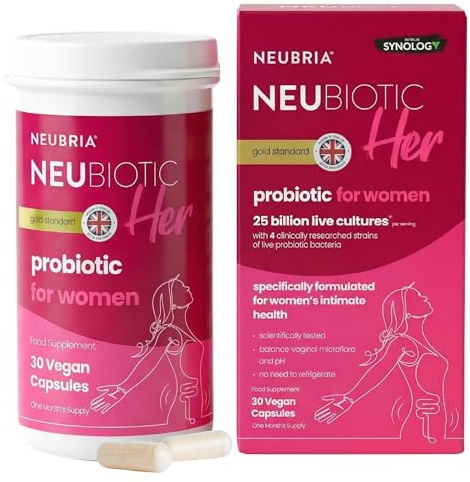 NEUBRIA NEUBIOTIC HER – Probiotics for Women 25 Billion CFU – Daily Probiotic Supplement with 4 Clinically Studied Live Cultures for Women’s Intimate Flora, Gut & Digestion – 30 Vegan Capsules