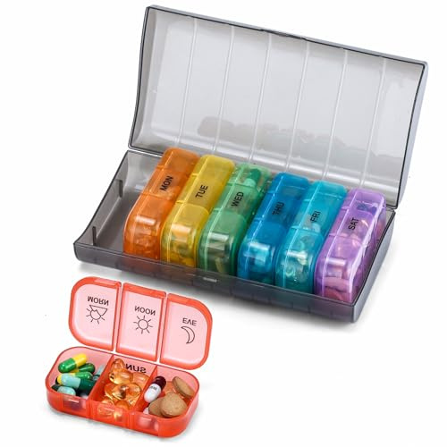 Weekly Pill Box Organiser - Easy to Open 7 Day 3 Times Travel Tablet Box - 7 Inner Pill Cases with Snap Shut Lids - Premium Quality Tablet Organiser for Vitamins & Supplements (Black)
