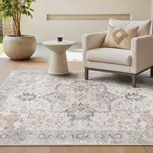 GENIMO Vintage Groß Beige Teppich Wohnzimmer 180x270cm Waschbar | Waschbarer Retro Teppich,Weich,Rutschfest Kurzflor,für Wohnzimmer,Schlafzimmer, Esszimmer,Büro,Carpet,Teppiche