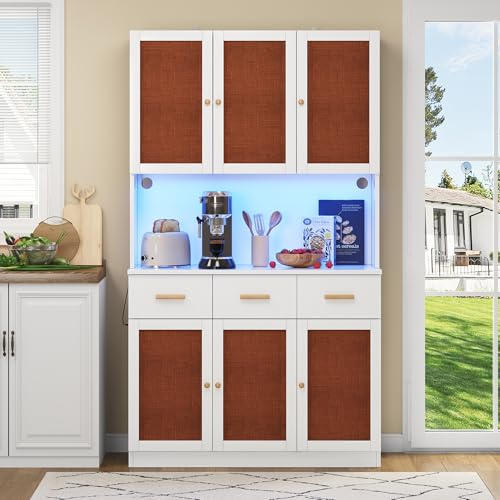 SACOOL Küchen-Buffetschrank 182cm,Küchenhochschrank mit LED-Beleuchtung & Steckdose,Weißer Schrank mit Stofftüren & Massivholzgriffen, Stauraum für Mikrowelle,Kaffeemaschine & Geschirr