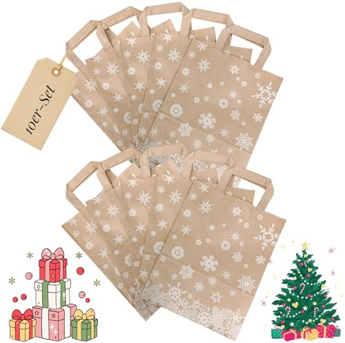 Weihnachten 10 Tüten Papiertüten 22×28×10 cm aus Kraftpapier mit Henkel – stabile Papiertragetaschen mit Standboden – & HLKauf-Block