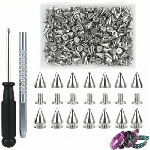 100 Pairs Cone Spike Studs, Punk Rock Screw Back Studs with Setting Tools and Storage Box, 7x10mm Cool Spikes Rivet for Leather Jacket DIY Crafts and Arts Bags Shoes Clothes Decorations (Silver)