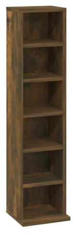 Foknhdi CD-Regal Räuchereiche, 21x20x88 cm Holzwerkstoff Multimedia-Regal für Musiksammlung, Schmales Standregal mit 6 Fächern, Aufbewahrungsschrank für Büro und Schlafzimmer