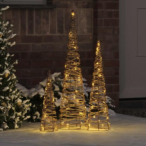 Kaloriko Weihnachtsbaum Rattan 3 PCS Set mit 90 warmweißen LEDs 20 x 20 x 80 cm USB betrieben, modernes Ornament für Weihnachten, Advent, Winterdeko und festliche Atmosphären
