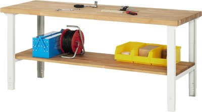 Baukastenwerkbank, Arbeitsplatte Buche massiv 40 m m Ablageboden Tiefe 555 mm, BxTxH 2000x700x840