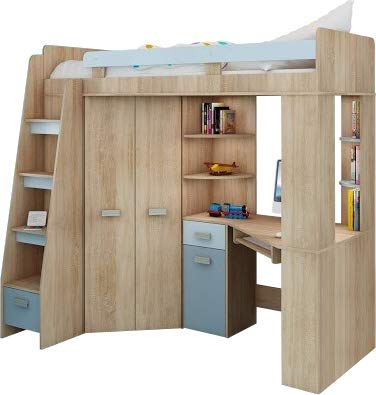 Hochbett mit Schreibtisch, Schrank und Regalen - Platzsparendes Jugendbett - Komplettes Möbelset (120x204 cm) - Kinderbett 80x200 cm mit Stauraum - Treppe Linken Seite (Eiche Sonoma/Himmelblau)