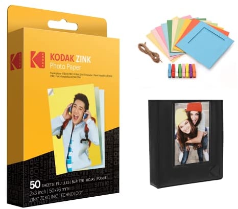 Kodak 5,1 x 7,6 cm Premium-Fotopapier (50 Blatt) + Bunte quadratische Bilderrahmen zum Aufhängen + Fotoalbum (kompatibel mit Printomatic)