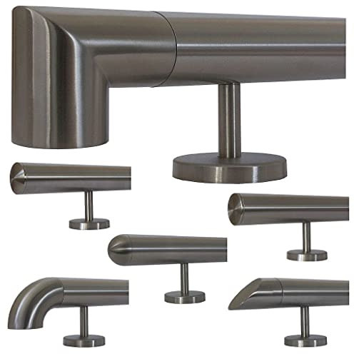 TIBU Handlauf Edelstahl 33,7 mm Geländer 0,3m - 6m, Länge 580 cm, Ende Ecke zur Wand und gerade Halter
