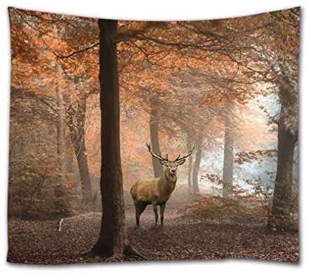 A.Monamour Wandteppiche Hirsch Im Roten Nebligen Herbst Wald Bunte Bäume Tier Themen Natur Landschaft Landschaft Kunstdruck Stoff Wandteppich Wandbehänge Wandbild Für Schlafzimmer Wohnzimmer 180x230cm