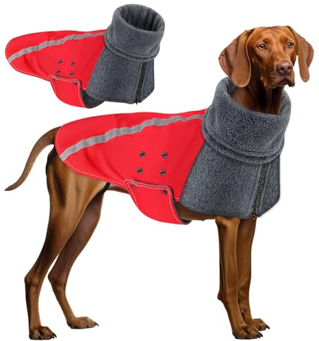 SlowTon Wintermantel für Hunde, Warmes Futter aus Polar Fleece Außenjacke für Hunde mit Rollkragenschal Reflexstreifen Einstellbar Wasserdicht Winddicht Welpenweste Weiches Haustier (L, Rot)