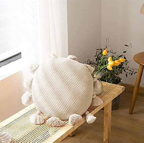 RAILONCH Boho Runde Sitzkissen mit Quasten, Makramee Kissen Rund, Gewebt Dekokissen Bodenkissen, Sitzhocker Zuhause Sofa Dekor, 40 x 40 cm (Beige)