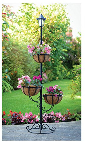 spot on dealz Solar Powered 3 Tier Flower Planter With White LED Light 2 in 1 Garden Outdoor Decoration With Planter Liners