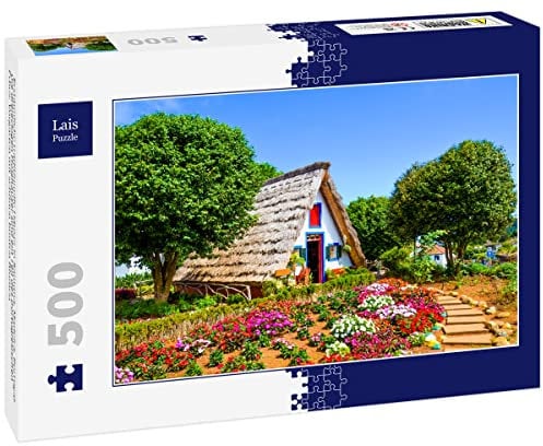 Lais Jigsaw Puzzle Amazing traditional houses in Santana, Madeira, Portugal The triangular wooden houses are part of the Portuguese heritage Front garden with beautiful colourful flowers 500 Pieces