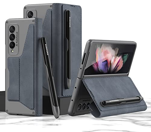 COQUE Galaxy Z Fold 3 5G, étui en Cuir Pliable à Rabat Mince avec Fente pour Stylo Velcro Amovible, Housse de téléphone Pliable pour Samsung Galaxy Z Fold 3 5G-Bleu