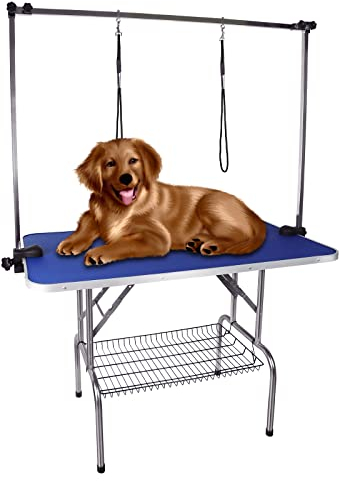 Kalolary 45inch Hund Trimmtisch Schertisch Hundepflegetisch, Hundepflegetisch klappbar, Tierpflegetisch mit Unterkorb und Schlingen, Stabil Höhenverstellbar klappbar Hunde Trimmtisch(Blau)