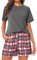 Uniexcosm Pyjama Femme Coton Court Ensembles de Femme Ete Carreaux Col Rond Manches Courtes Pyjama pour Femme Short avec Poches Latérales Gris Foncé XXL