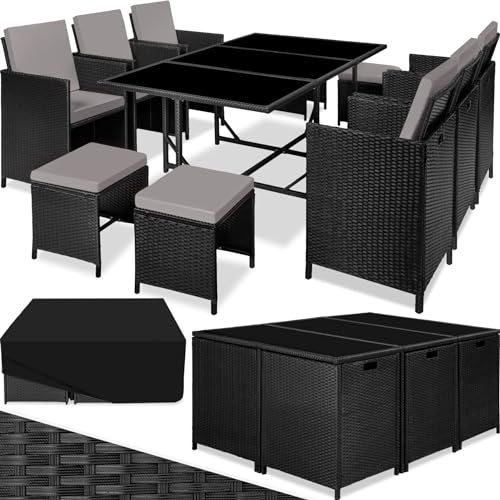 TecTake® Salon de Jardin Exterieur en Résine Tressée Poly Rotin Salon de Jardin Table 10 Personnes 6 Fauteuil en rotin 4 Tabouret Pouf Encastrable avec Housse de Protection, Entretien Facile