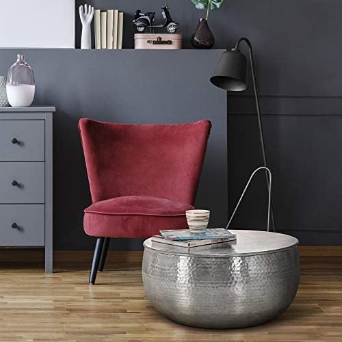 WOMO-DESIGN Couchtisch rund Ø 59x30,5cm, Silber, Drum, Unikat, handgefertigt aus Aluminium, Hammerschlag Design, Metall Sofatisch, Wohnzimmer Beistelltisch, Flacher Wohnzimmertisch Orient Loungetisch