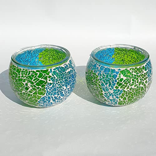 Mosaic Glass Candle Holder Vintage Jar Tealight Holders, Home Decoration with upto 8 Hour Burn Tea Light Candles (Blue & Green Twin Crackle)