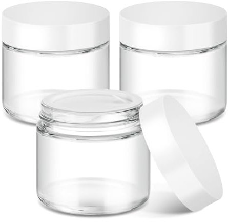Bumobum Lot de 3 petits bocaux en verre transparent avec couvercles blancs, étiquettes vierges et doublures intérieures, 60 ml - Récipients cosmétiques ronds vides pour échantillons, poudre, crème,