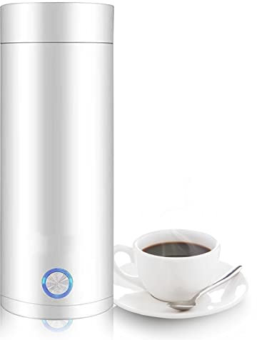 Portable Electric Heating Cup, 400 ml Mini Heating Cup, 304 Stainless Steel Travel Electric Kettle, 3-in-1 Thermos Flask Teapot with Separable Power Cable (White)