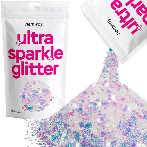 Hemway Ultra Sparkle Glitter - Mother of Pearl Iridescent | Multi Size Metallic Flakes for Resin & Epoxy Crafts | Supplies for Tumblers, Festival, Hair, Face, Body, Eye & Nail Art Decoration | 100 g