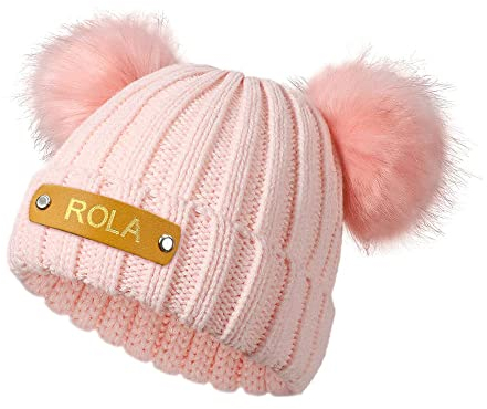 VEELU Personalisierte Kinder Mütze mit Namen Bommel Wintermütze Unisex Beanie Mütze Geschenk für Tochter Bommel Warme Damen Mütze Winter Strickmütze Einheitsgröße Rosa